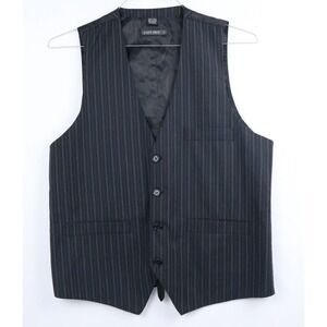 Point Zero Mens Small Black Blue Pinstripe Vest Graphic Back Goth Steampunk S